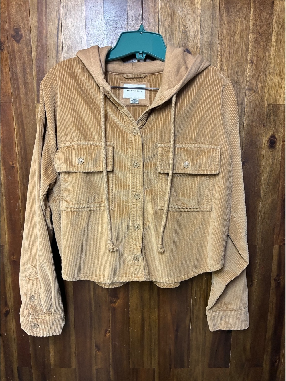 American Eagle Corduroy Hooded Shacket Medium Tan Cropped Utility Y2K